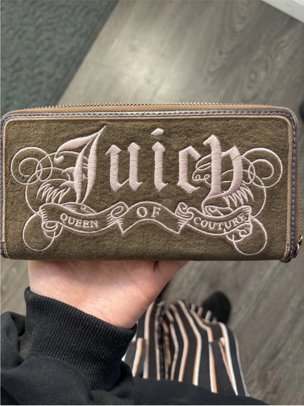 Juicy Couture Olive Wallet with Blush Pink Embroidered Logo